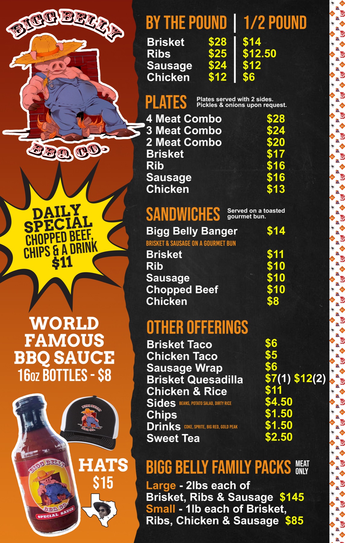 The current Bigg Belly BBQ Co. menu board showing food and family-pack prices