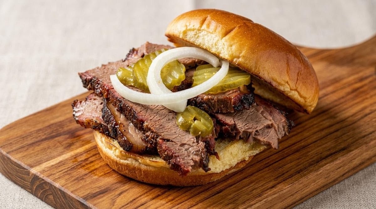 Sliced smoked brisket piled on a toasted bun with pickles and raw onion