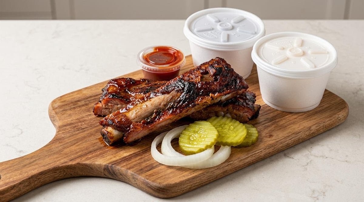Glazed barbecue pork ribs with a cup of sauce, pickles and onions