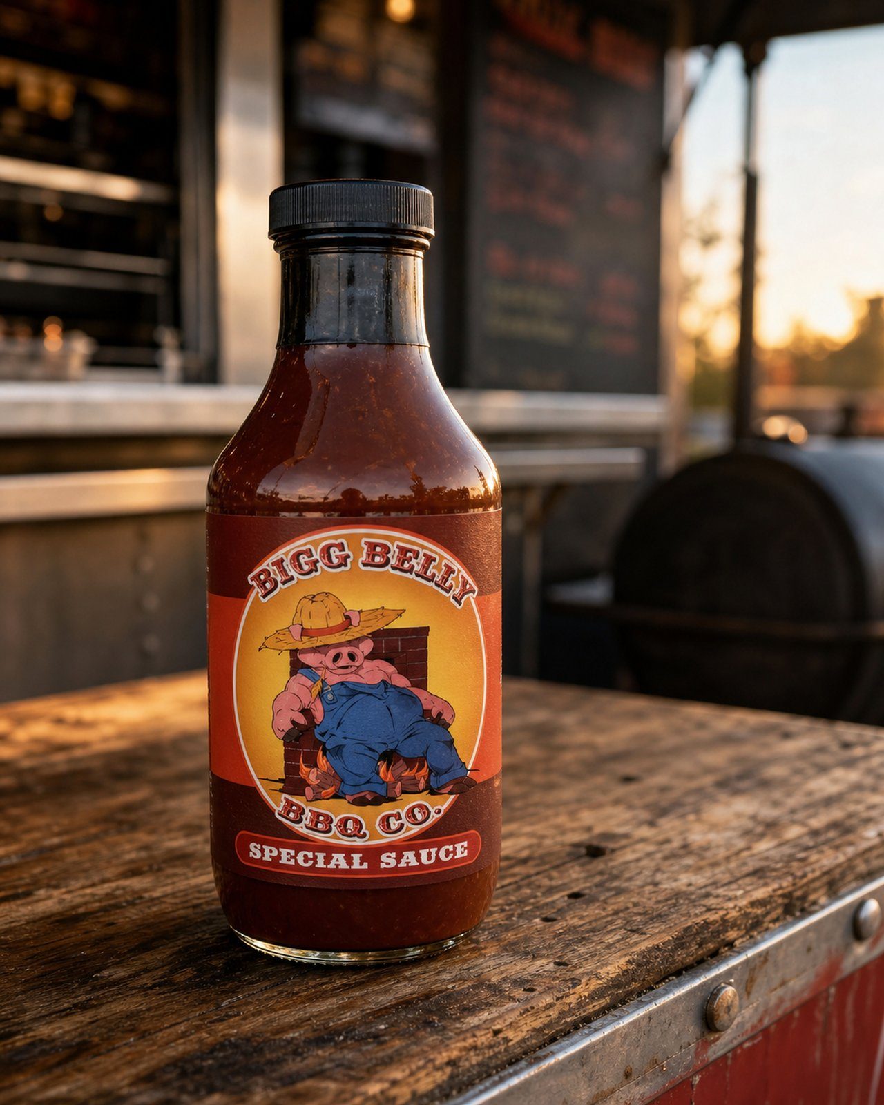 Bigg Belly BBQ Co. Special Sauce bottle outside the food truck at golden hour