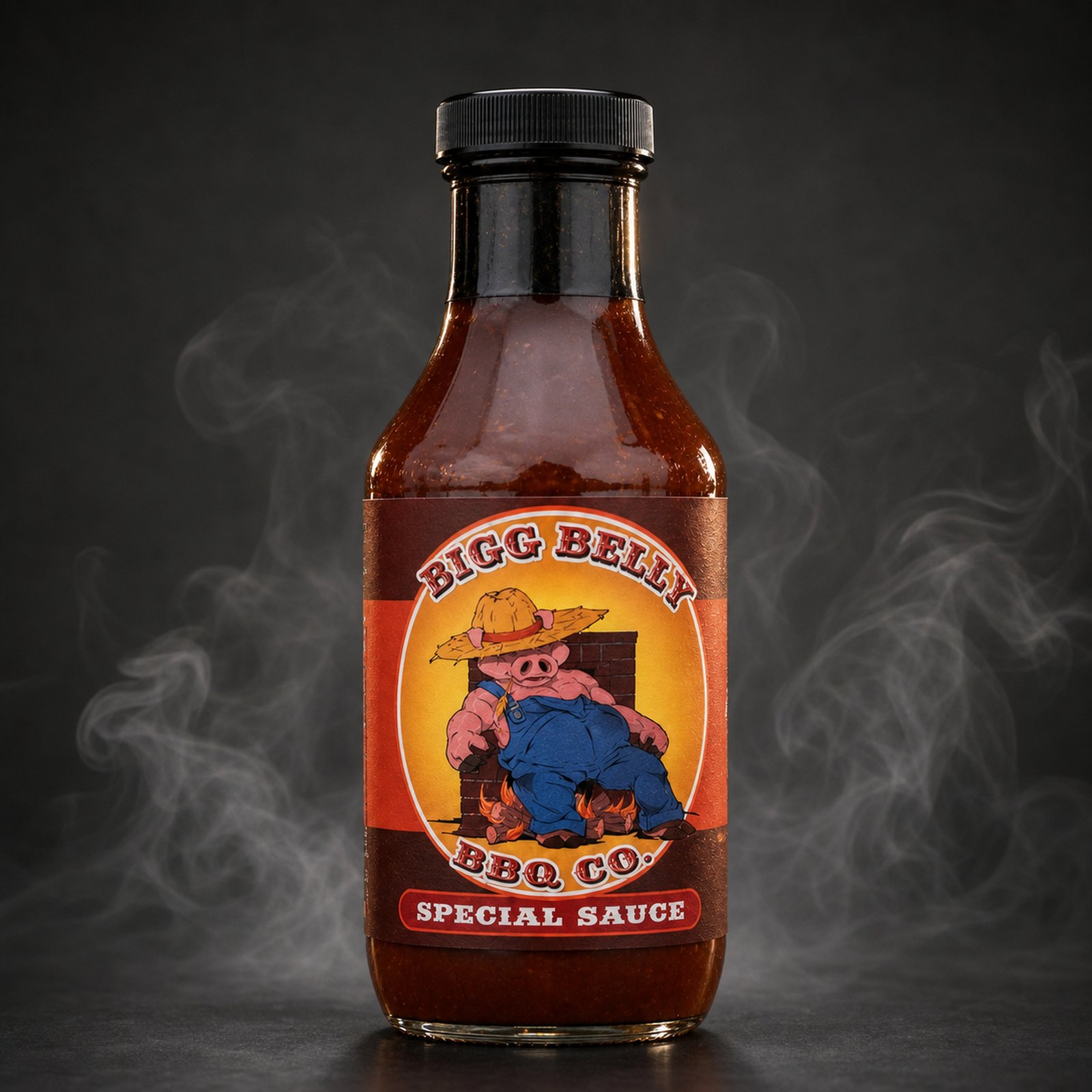 Bigg Belly BBQ Co. Special Sauce bottle on a dark studio backdrop with smoke drifting behind it